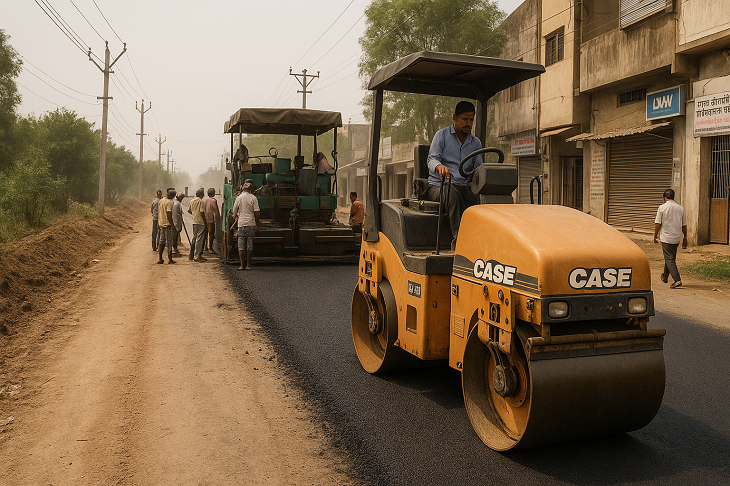 Road construction and maintenance work at expressways, residential societies, highways, and hospitals in India.