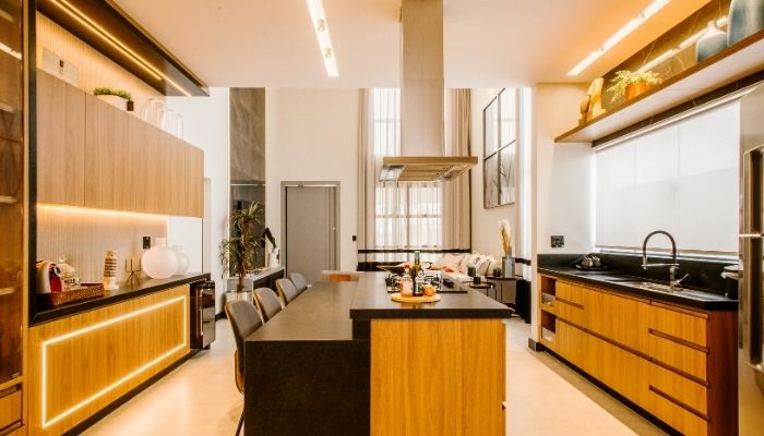 Custom modular kitchen and wardrobe installed by Excel Electric Co.
